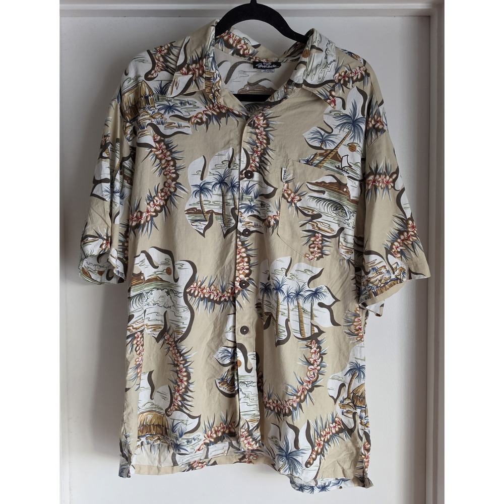 Smack Men's L Beige Tropical Collared Short Sleeve Shirt Cotton Retro Camp
